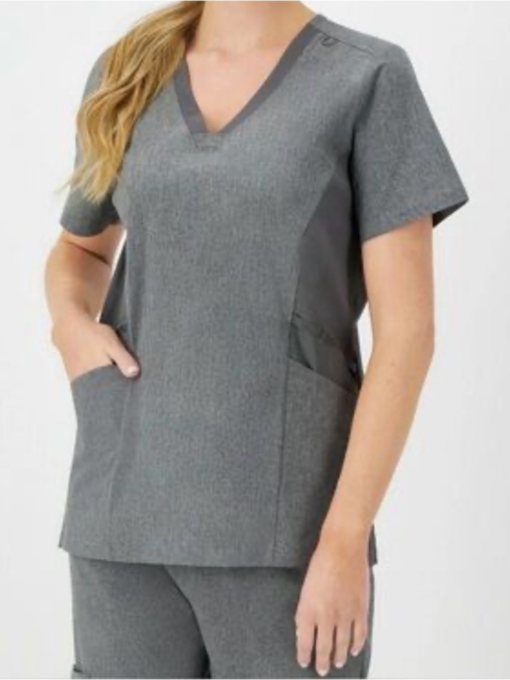 Hanes Gray V-Neck Short Sleeve Scrub Top with Dark Gray Panels